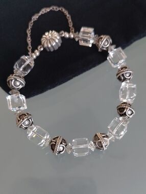 925 Sterling Silver Faceted Crystal Bead Bracelet 27g Magnetic Clasp